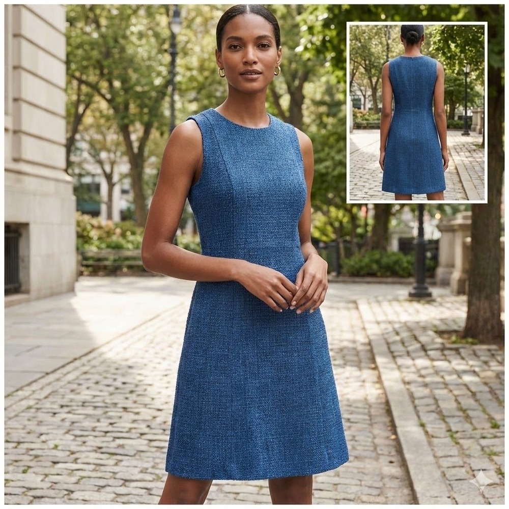 Banana Republic Factory Dress Women's 12 Tall Blue Tweed Sleeveless Pockets NWT